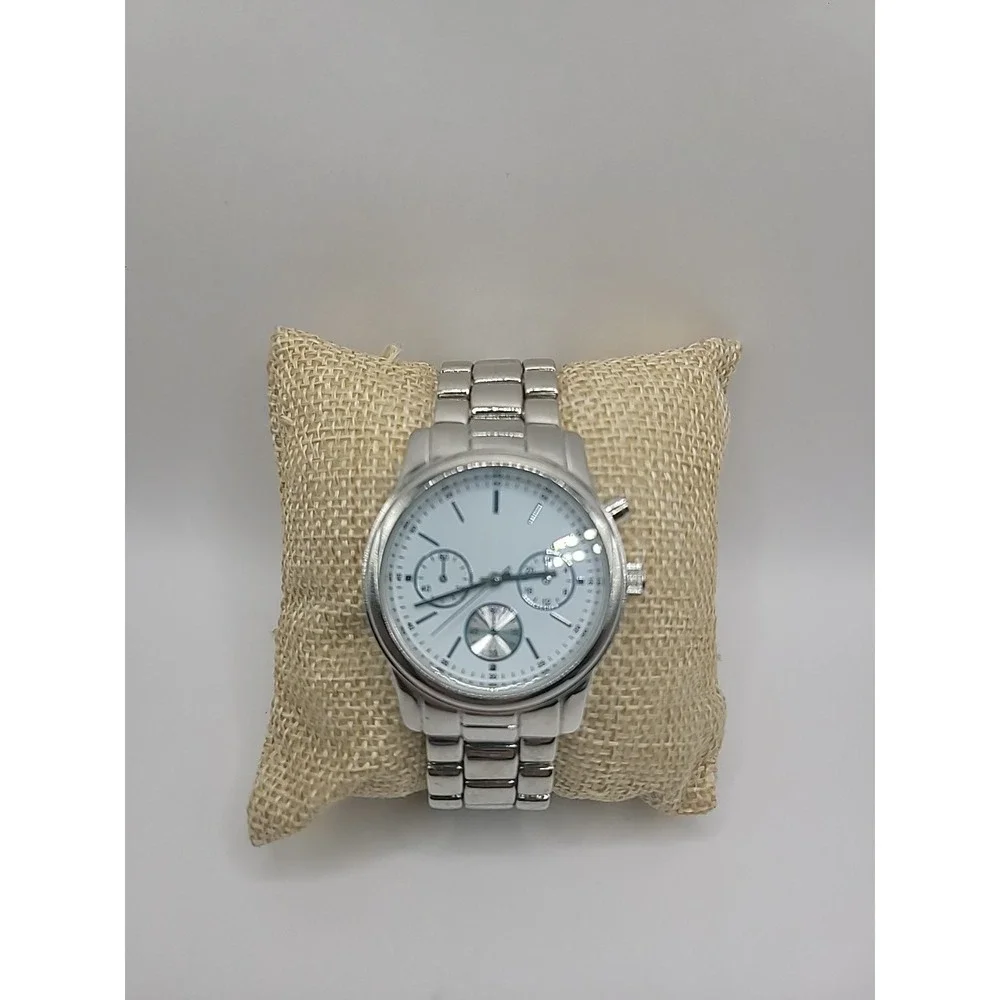 Vintage Silver Tone Chronogragh‎ Style Quartz Watch Metal Link Bracelet